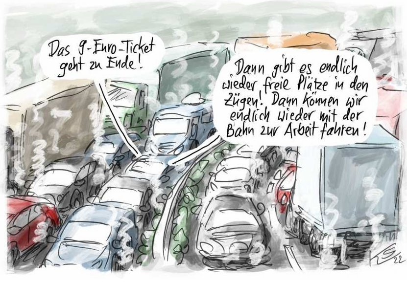 Karikatur: Stau mit Autos und Lkw, Sprechblasen über das Ende des 9‑Euro‑Tickets.